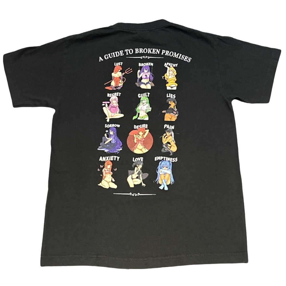 BROKEN PROMISES men's black graphic anime guides tee, size medium.